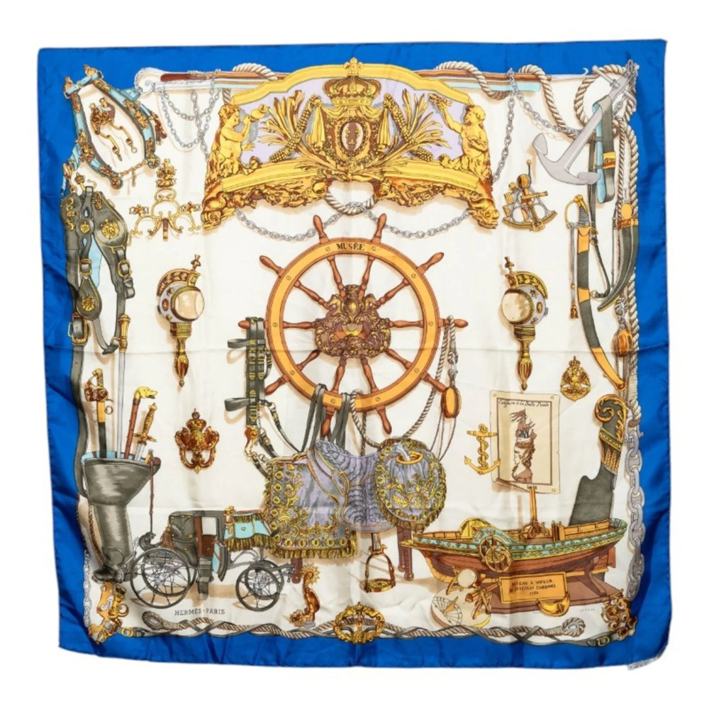 Hermes Carre 90 Museum Scarf/Muffler, Blue/Ivory Silk, Women's.